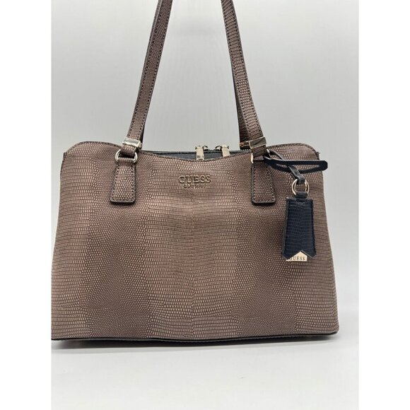 GUESS Lyndi Girlfriend croc embossed large satchel - Brown/Black - Picture 7 of 16